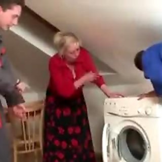Lonely grandma spreads legs for two repairmen